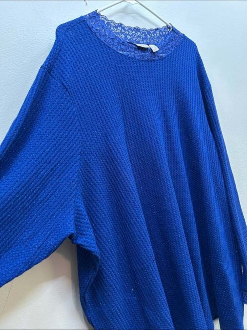 LOGO by Lori Goldstein Lace-Trim Waffle Crewneck Sweater in Sparkly Royal Blue - Picture 4 of 10